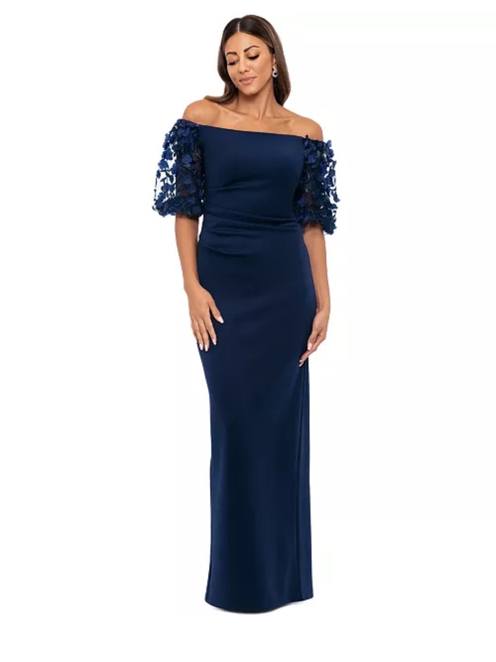 Xscape Navy Off-Shoulder Maxi Gown with Floral Puff Sleeves